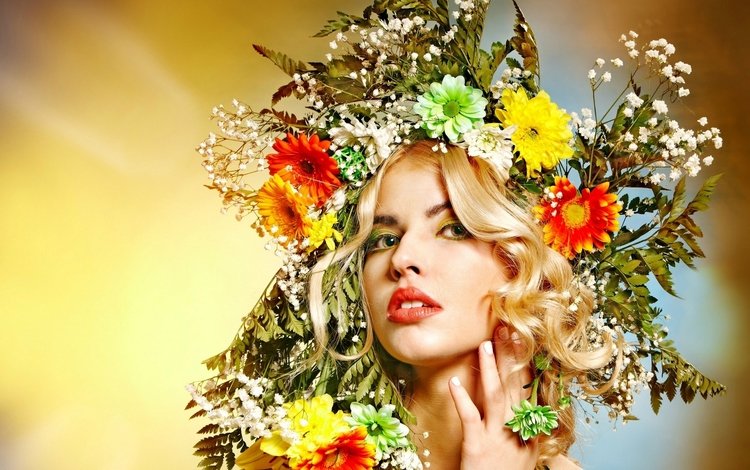 цветы, девушка, блондинка, лицо, венок, flowers, girl, blonde, face, wreath