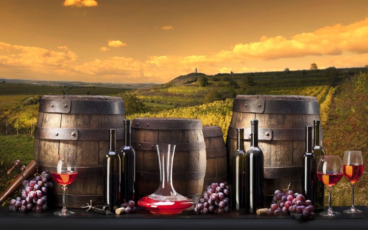 виноград, вино, бокалы, бутылки, бочки, виноградники, grapes, wine, glasses, bottle, barrels, the vineyards