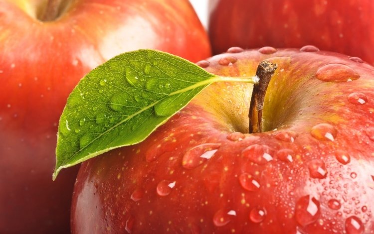 макро, капли, фрукты, листок, яблоко, красное, сочное, macro, drops, fruit, leaf, apple, red, juicy
