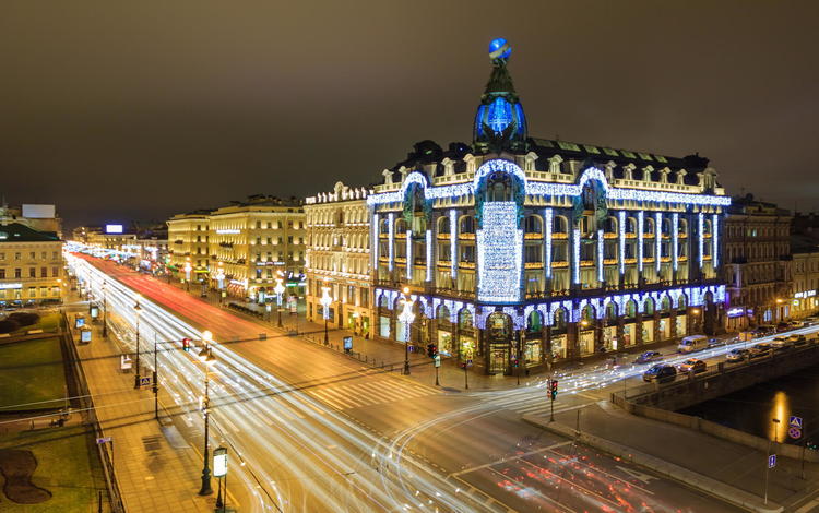 россия, санкт-петербург, невский проспект ночью, russia, saint petersburg, nevsky avenue at night