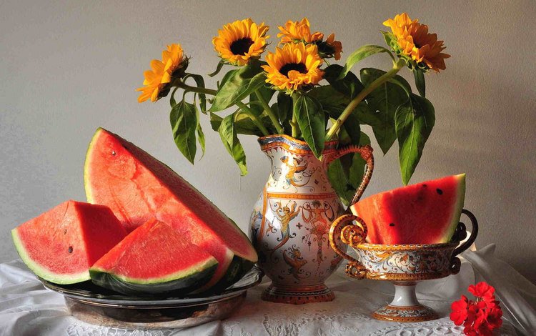 цветы, арбуз, кувшин, натюрморт, flowers, watermelon, pitcher, still life
