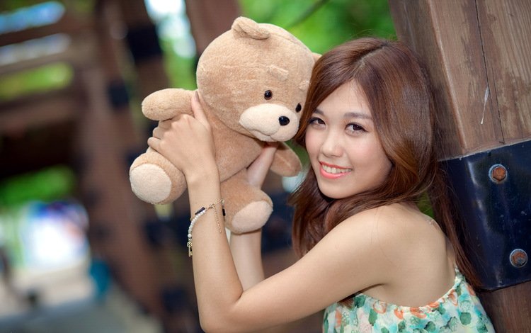 девушка, плюшевый медведь, улыбка, портрет, взгляд, мишка, игрушка, лицо, азиатка, girl, teddy bear, smile, portrait, look, bear, toy, face, asian