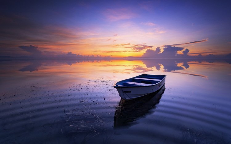 озеро, закат, лодка, lake, sunset, boat
