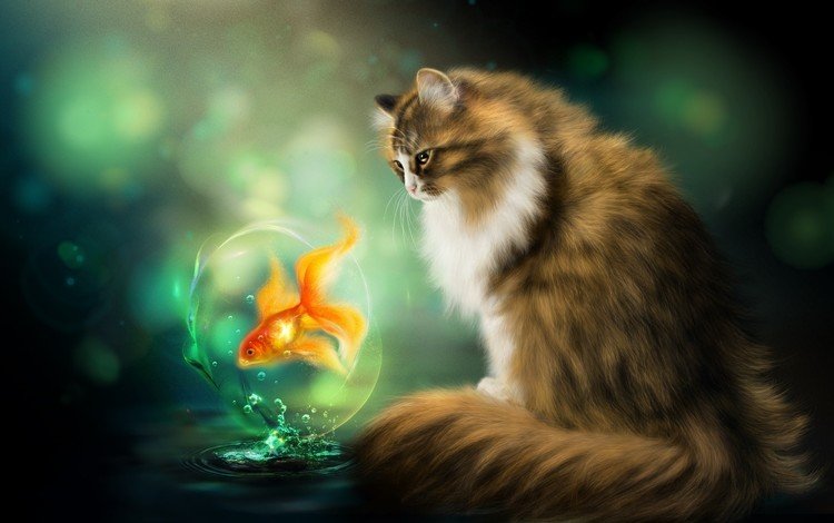 кот, кошка, фотошоп, живопись, золотая рыбка, рыба, нelena, cat, photoshop, painting, goldfish, fish, gb