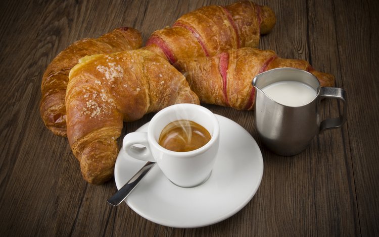 кофе, чашка, завтрак, сливки, выпечка, круассаны, coffee, cup, breakfast, cream, cakes, croissants