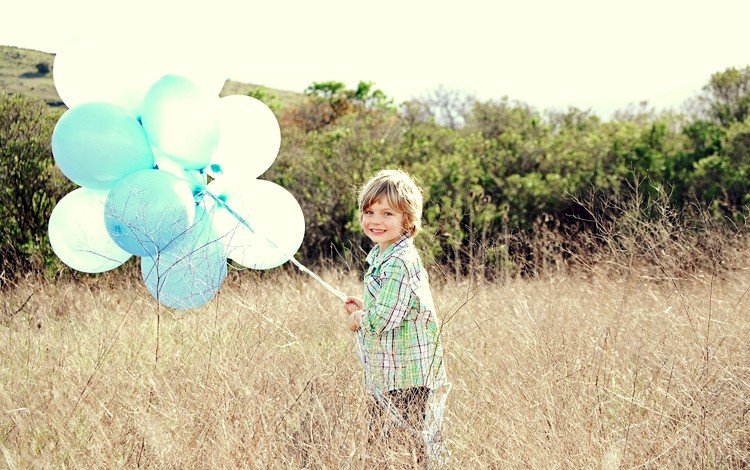 поле, дети, мальчик, воздушные шарики, field, children, boy, balloons