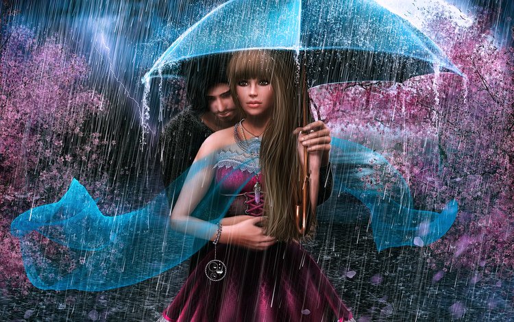 арт, девушка, парень, дождь, зонт, art, girl, guy, rain, umbrella