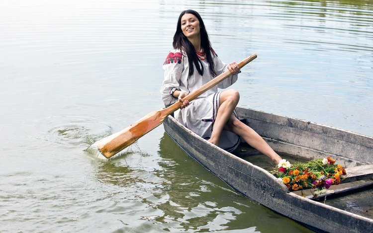девушка, лодка, весло, girl, boat, paddle