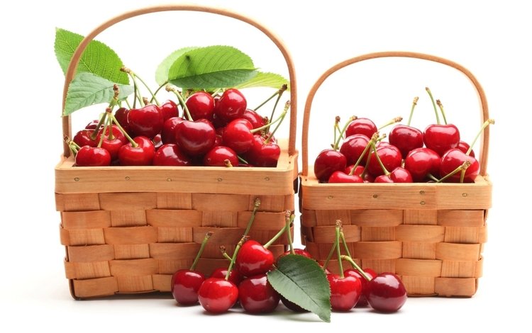 красные, черешня, ягоды, белый фон, вишня, корзинки, red, cherry, berries, white background, baskets