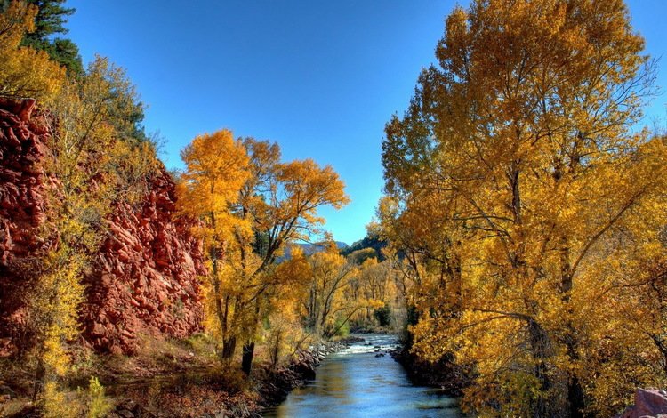 деревья, горы, камни, осень, речка, желтые листья, trees, mountains, stones, autumn, river, yellow leaves