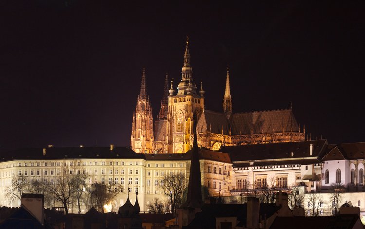 ночь, огни, холм, прага, чехия, собор святого вита, night, lights, hill, prague, czech republic, st. vitus cathedral