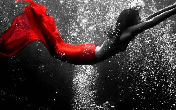 девушка, рыбки, пузыри, под водой, в красном, girl, fish, bubbles, under water, in red