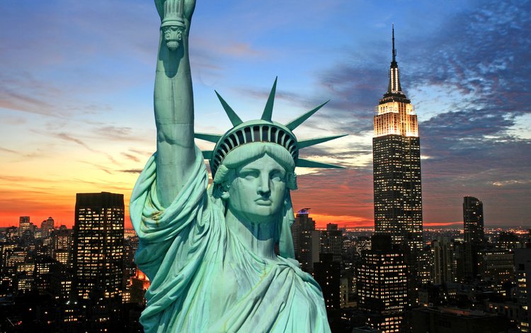ночь, огни, горизонт, город, сша, нью-йорк, статуя свободы, night, lights, horizon, the city, usa, new york, the statue of liberty