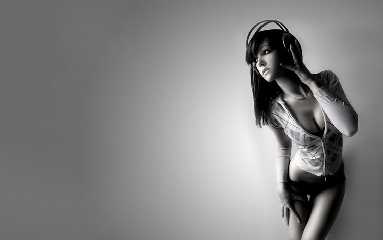 девушка, музыка, чёрно-белое, наушники, girl, music, black and white, headphones