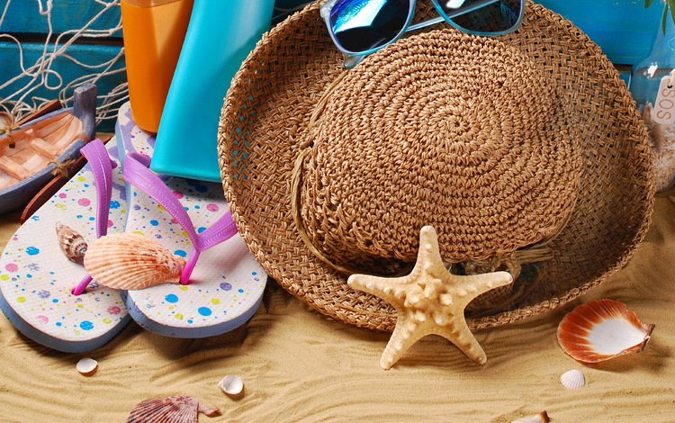 пляж, каникулы, лето, сланцы, очки, летнее, аксессуаров, отдых, вс, шляпа, морская звезда, песка, beach, vacation, summer, slates, glasses, accessories, stay, sun, hat, starfish, sand