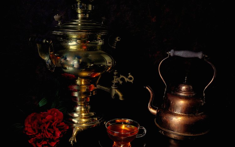 цветок, черный фон, чашка, чай, чайник, натюрморт, самовар, flower, black background, cup, tea, kettle, still life, samovar