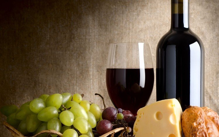 виноград, балык, бокал, сыр, хлеб, корзина, вино, бутылка, красное, grapes, salmon, glass, cheese, bread, basket, wine, bottle, red