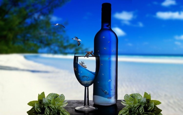 море, бокал, бутылка, красивые, sea, glass, bottle, beautiful