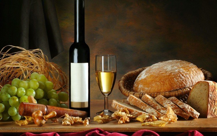 листья, виноград, бокал, хлеб, вино, белое, бутылка, leaves, grapes, glass, bread, wine, white, bottle