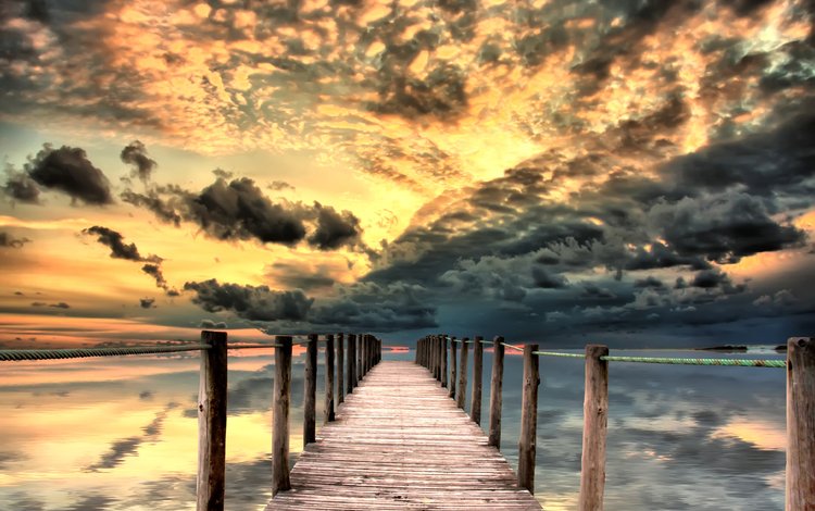небо, облака, природа, закат, море, мост, the sky, clouds, nature, sunset, sea, bridge