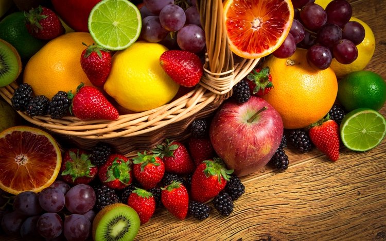 виноград, киви, фрукты, корзинка, яблоки, ежевика, апельсины, клубника, лимон, ягоды, лайм, grapes, kiwi, fruit, basket, apples, blackberry, oranges, strawberry, lemon, berries, lime