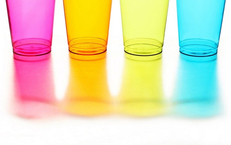желтый, cтекло, отражение, синий, цвет, оранжевый, розовый, посуда, стаканы, yellow, glass, reflection, blue, color, orange, pink, dishes, glasses