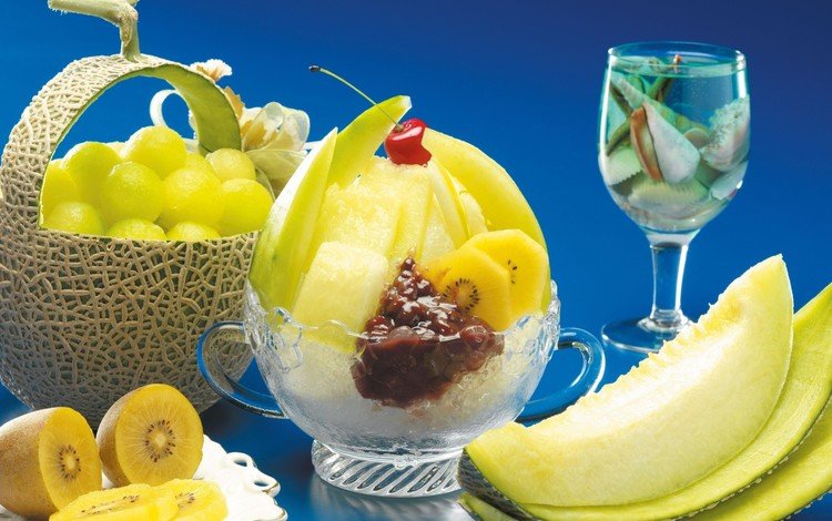 фон, синий, фрукты, бокал, ракушки, киви, десерт, дыня, background, blue, fruit, glass, shell, kiwi, dessert, melon