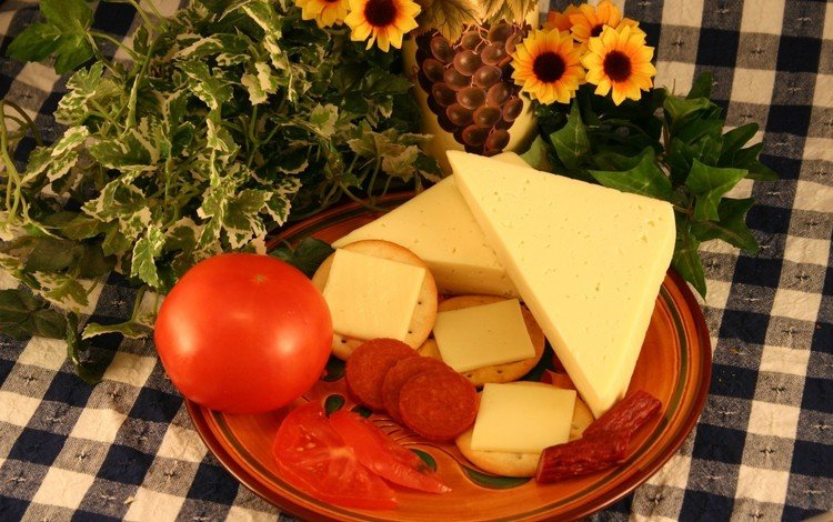 цветы, зелень, стол, сыр, овощи, колбаса, натюрморт, flowers, greens, table, cheese, vegetables, sausage, still life