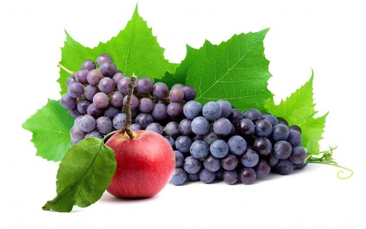 листья, виноград, фрукты, ягоды, белый фон, яблоко, leaves, grapes, fruit, berries, white background, apple