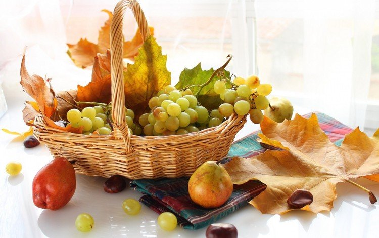 листья, виноград, фрукты, осень, корзинка, груши, leaves, grapes, fruit, autumn, basket, pear