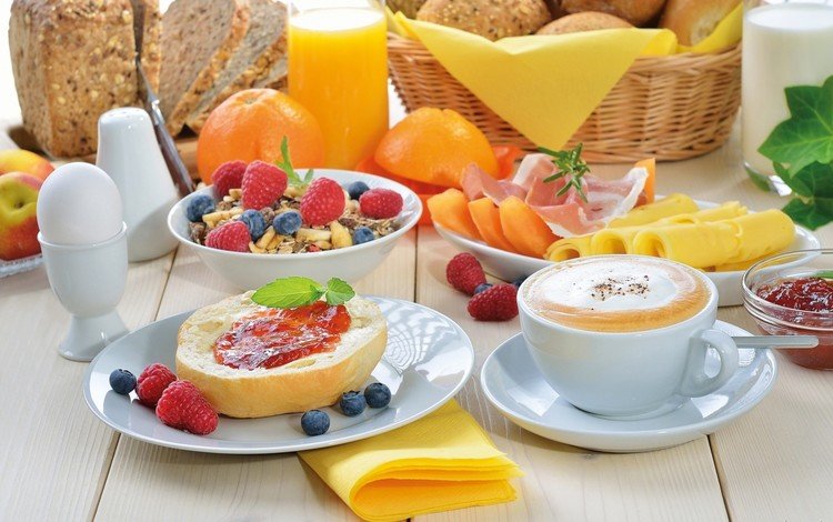 малина, сок, апельсины, сыр, хлеб, завтрак, выпечка, капучино, яйцо, raspberry, juice, oranges, cheese, bread, breakfast, cakes, cappuccino, egg