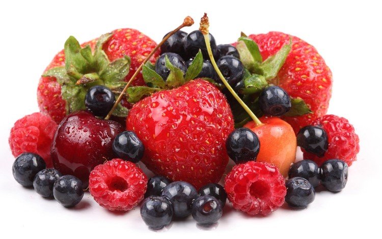 малина, клубника, черешня, ягоды, белый фон, черника, raspberry, strawberry, cherry, berries, white background, blueberries