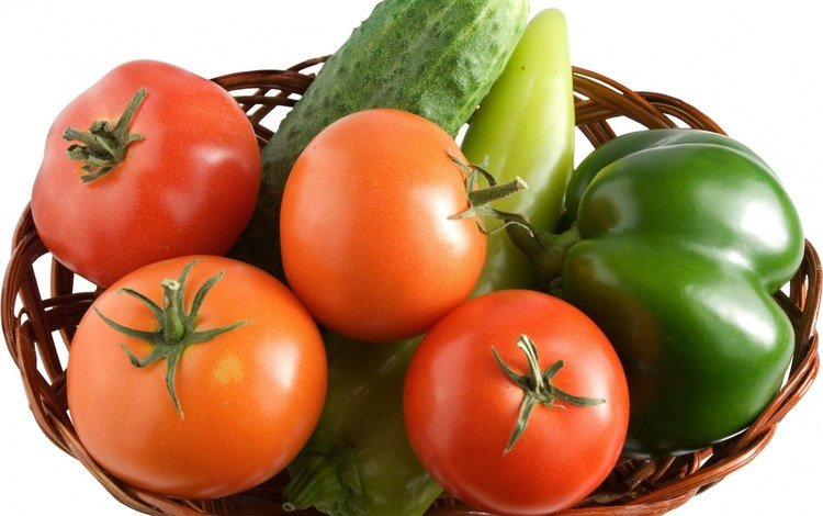 овощи, корзинка, помидоры, перец, огурцы, vegetables, basket, tomatoes, pepper, cucumbers