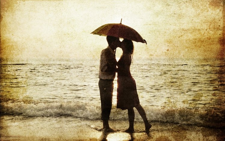 море, силуэты, дождь, любовь, романтика, зонт, мужчина, женщина, sea, silhouettes, rain, love, romance, umbrella, male, woman