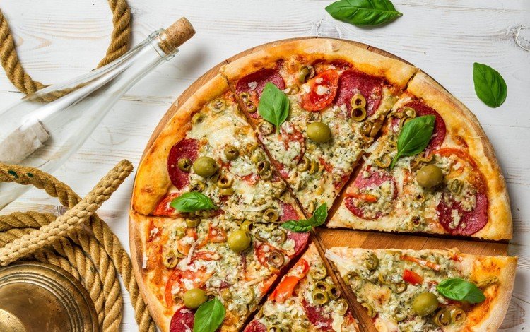 канат, бутылка, оливки, пицца, салями, rope, bottle, olives, pizza, salami