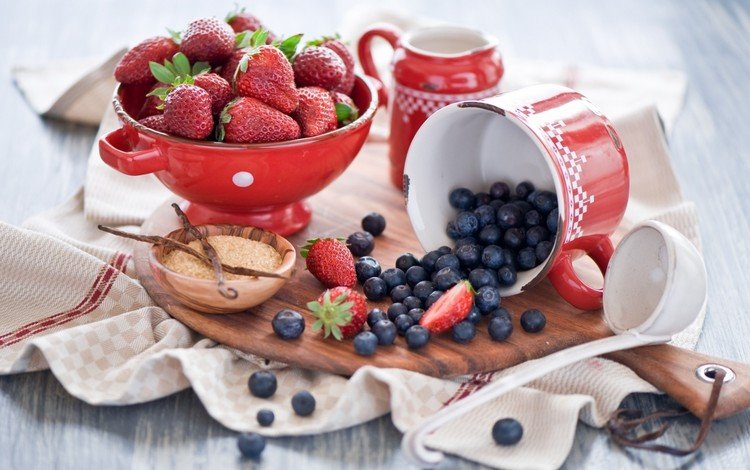 клубника, кружка, ягоды, черника, полотенце, натюрморт, strawberry, mug, berries, blueberries, towel, still life