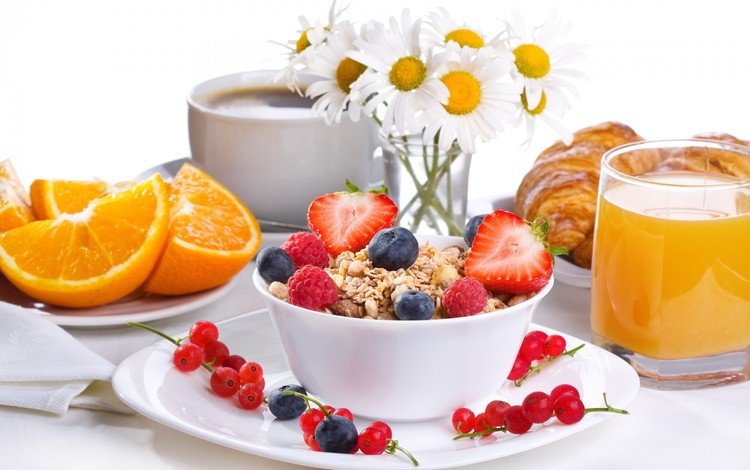 фрукты, кофе, ромашки, ягоды, завтрак, сок, круассаны, fruit, coffee, chamomile, berries, breakfast, juice, croissants