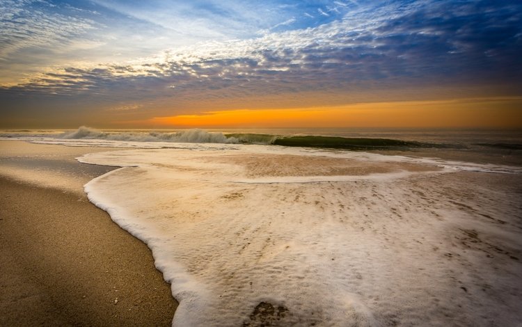 небо, берег, закат, море, песок, пляж, волна, the sky, shore, sunset, sea, sand, beach, wave