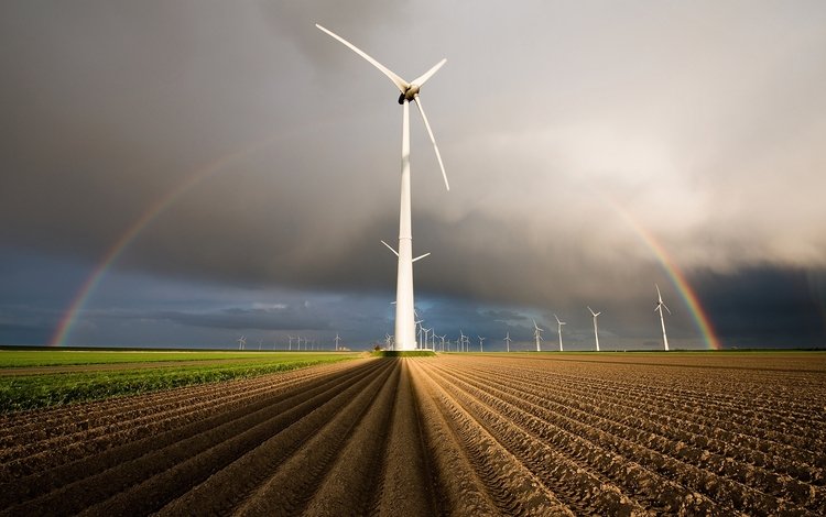 поля, радуга, нидерланды, голландия, ветряные генераторы, field, rainbow, netherlands, holland, wind generators