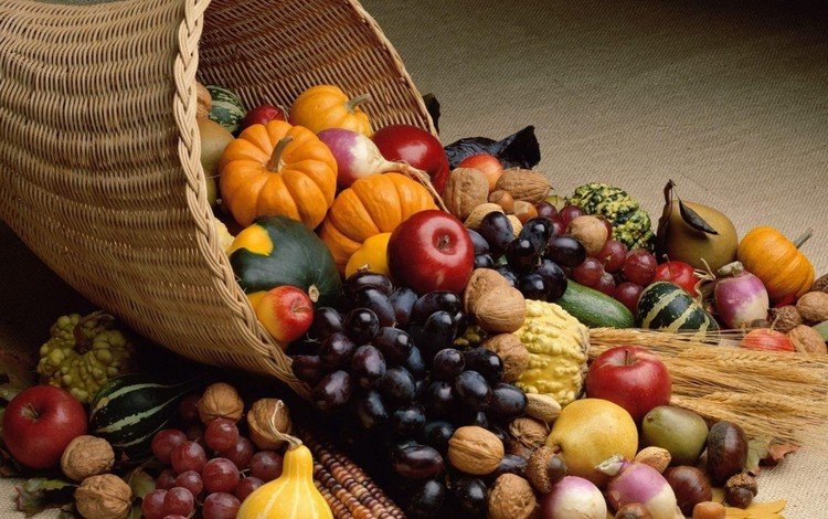орехи, тыква, виноград, груши, фрукты, грецкие, яблоки, редис, осень, урожай, овощи, рог изобилия, nuts, pumpkin, grapes, pear, fruit, walnut, apples, radishes, autumn, harvest, vegetables, cornucopia