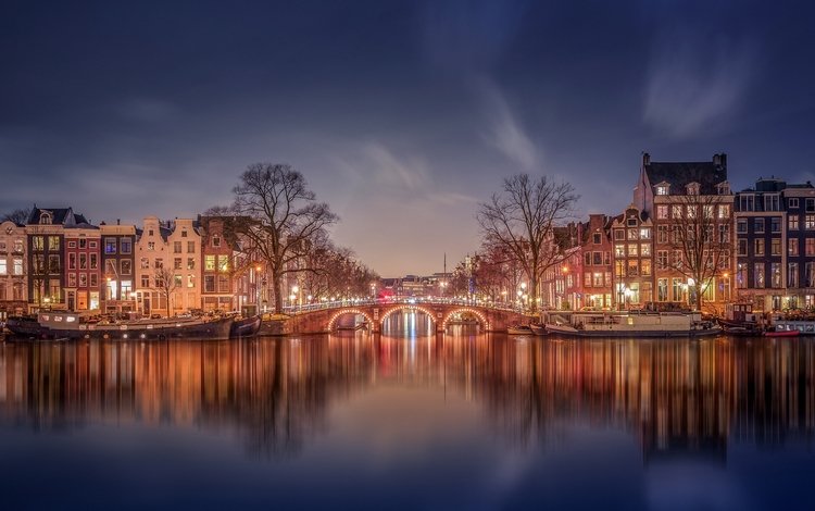 огни, вечер, канал, дома, нидерланды, амстердам, lights, the evening, channel, home, netherlands, amsterdam