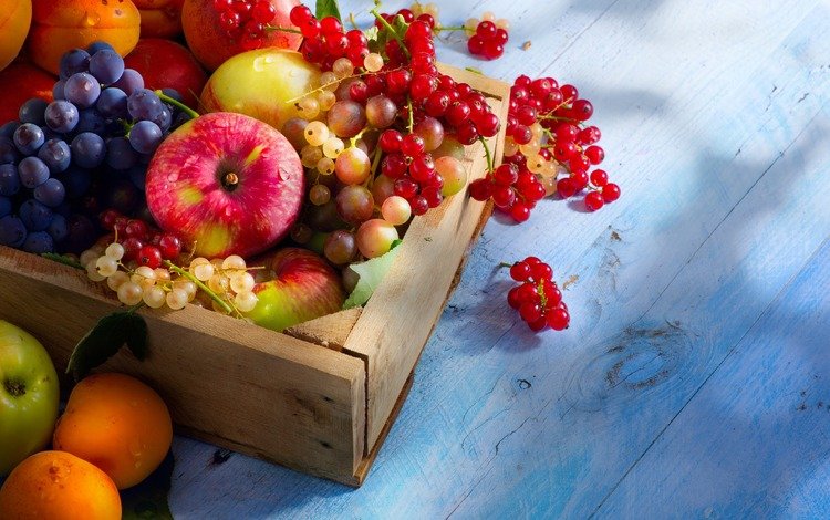 виноград, fruits, абрикосы, красная, парное, фрукты, яблоки, ягоды, лесные ягоды, белая, смородина, ящик, box, grapes, apricots, red, fresh, fruit, apples, berries, white, currants