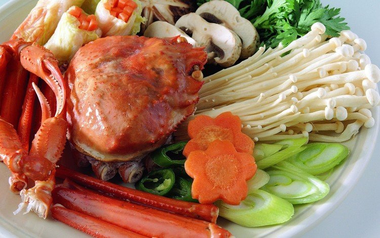 зелень, грибы, овощи, краб, морепродукты, greens, mushrooms, vegetables, crab, seafood