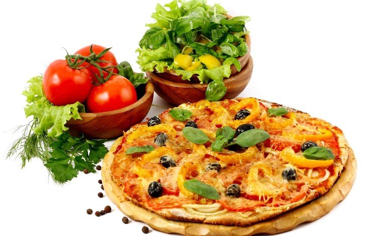 белый фон, овощи, листики, выпечка, помидоры, пицца, салат, дощечка, white background, vegetables, leaves, cakes, tomatoes, pizza, salad, plate