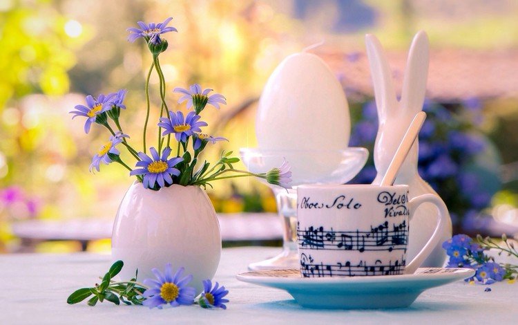 цветы, кофе, кружка, ваза, натюрморт, пасхальный кролик, flowers, coffee, mug, vase, still life, the easter bunny