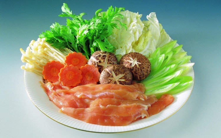 грибы, овощи, мясо, тарелка, морковь, капуста, петрушка, mushrooms, vegetables, meat, plate, carrots, cabbage, parsley