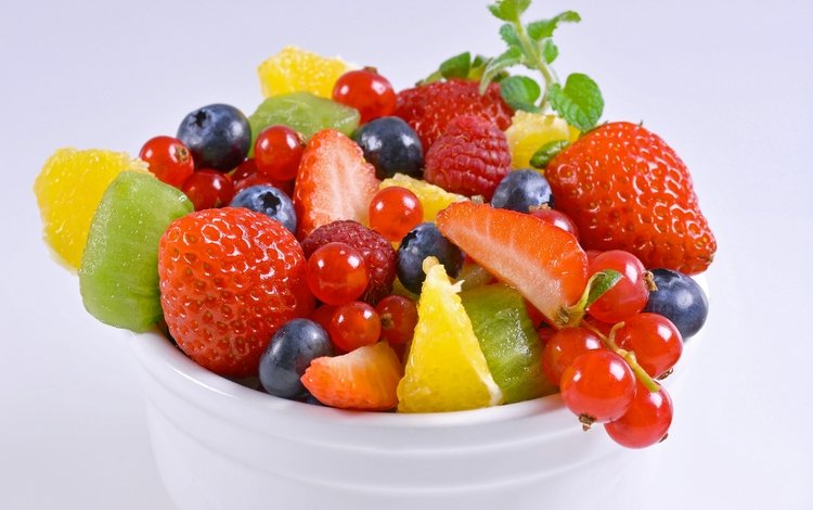 мята, черника, малина, смородина, красная, фрукты, клубника, ягоды, апельсин, киви, mint, blueberries, raspberry, currants, red, fruit, strawberry, berries, orange, kiwi