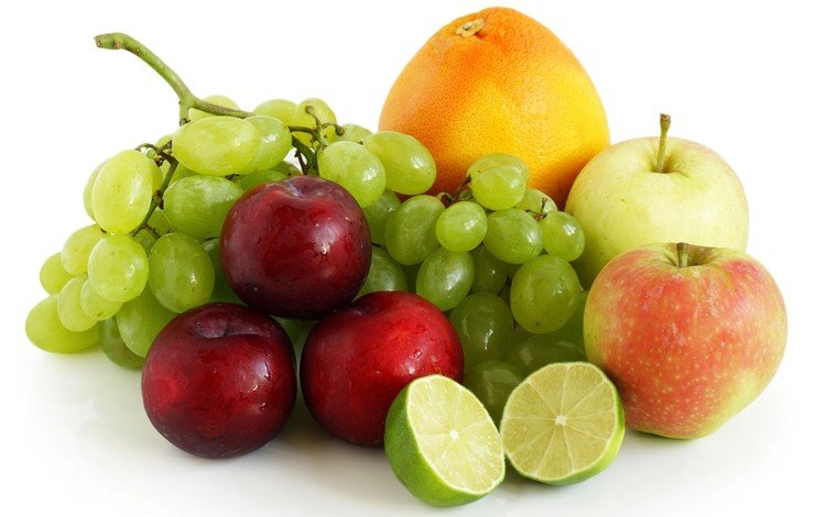 виноград, фрукты, яблоки, ягоды, белый фон, апельсин, лайм, сливы, grapes, fruit, apples, berries, white background, orange, lime, plum