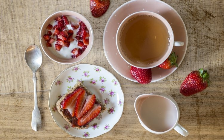 клубника, чай, завтрак, strawberry, tea, breakfast