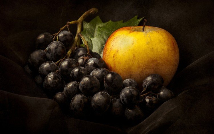 виноград, фрукты, черный, ягоды, яблоко, натюрморт, grapes, fruit, black, berries, apple, still life